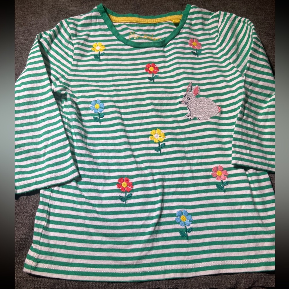 Mini Boden Green and White Striped Top with Floral and Bunny Accents